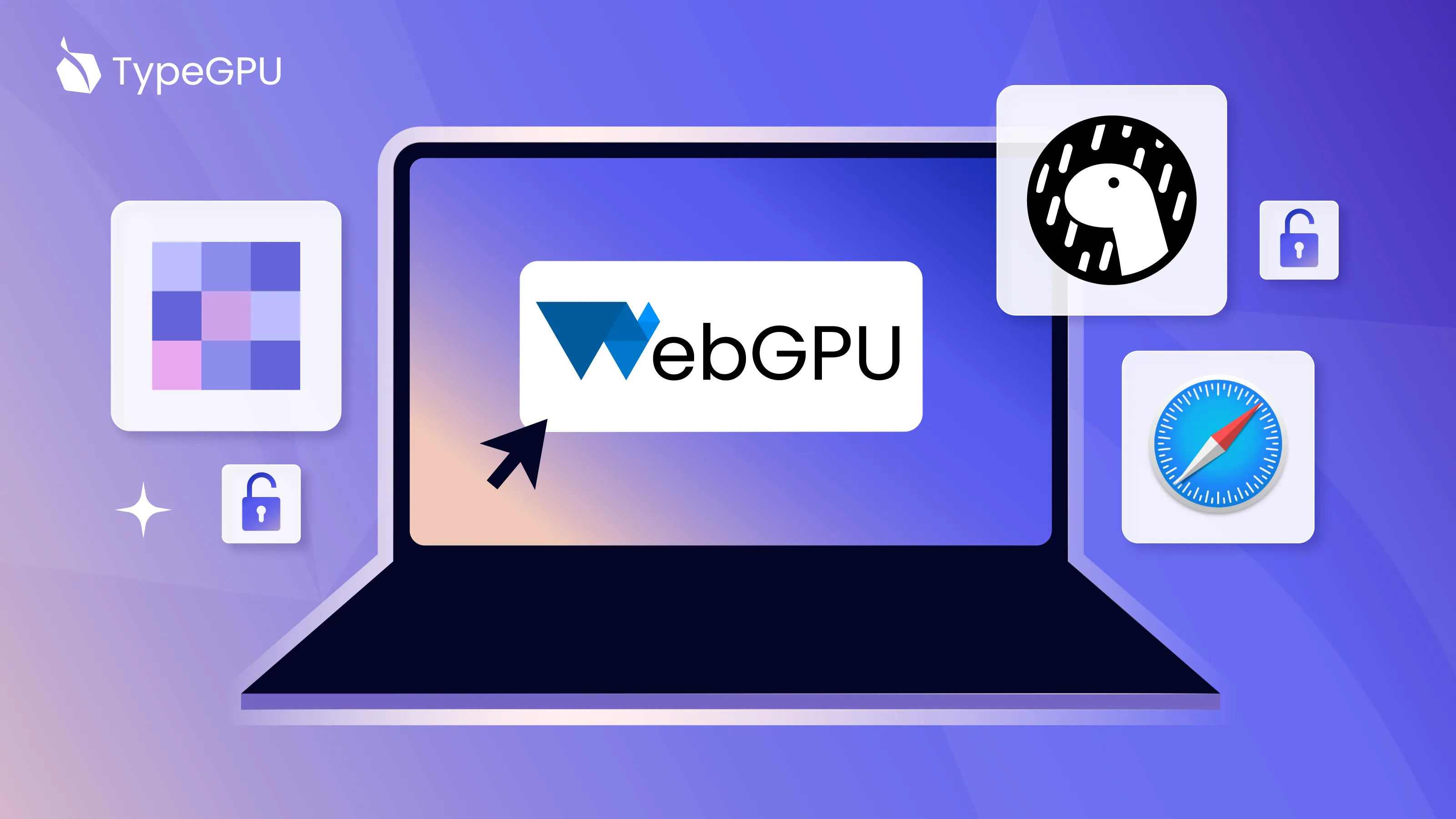 A laptop with the WebGPU logo on its screen, surrounded by logos of various platforms that can run WebGPU after applying certain tweaks.