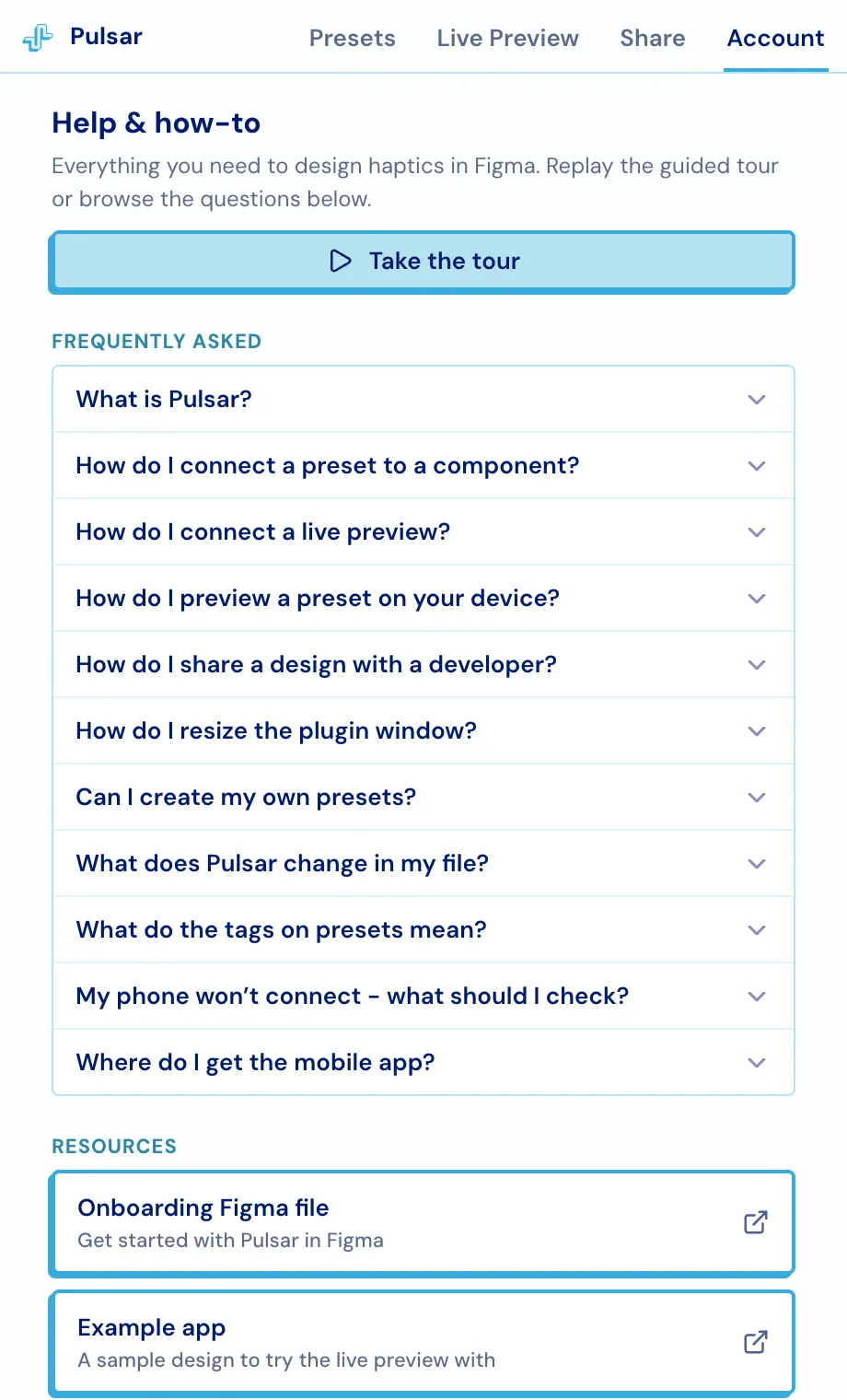 The Help and how-to section with the tour button and the FAQ list