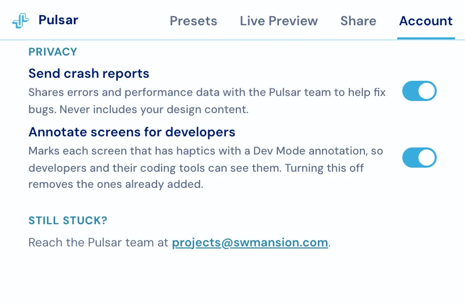 The two privacy switches: crash reports and Dev Mode annotations