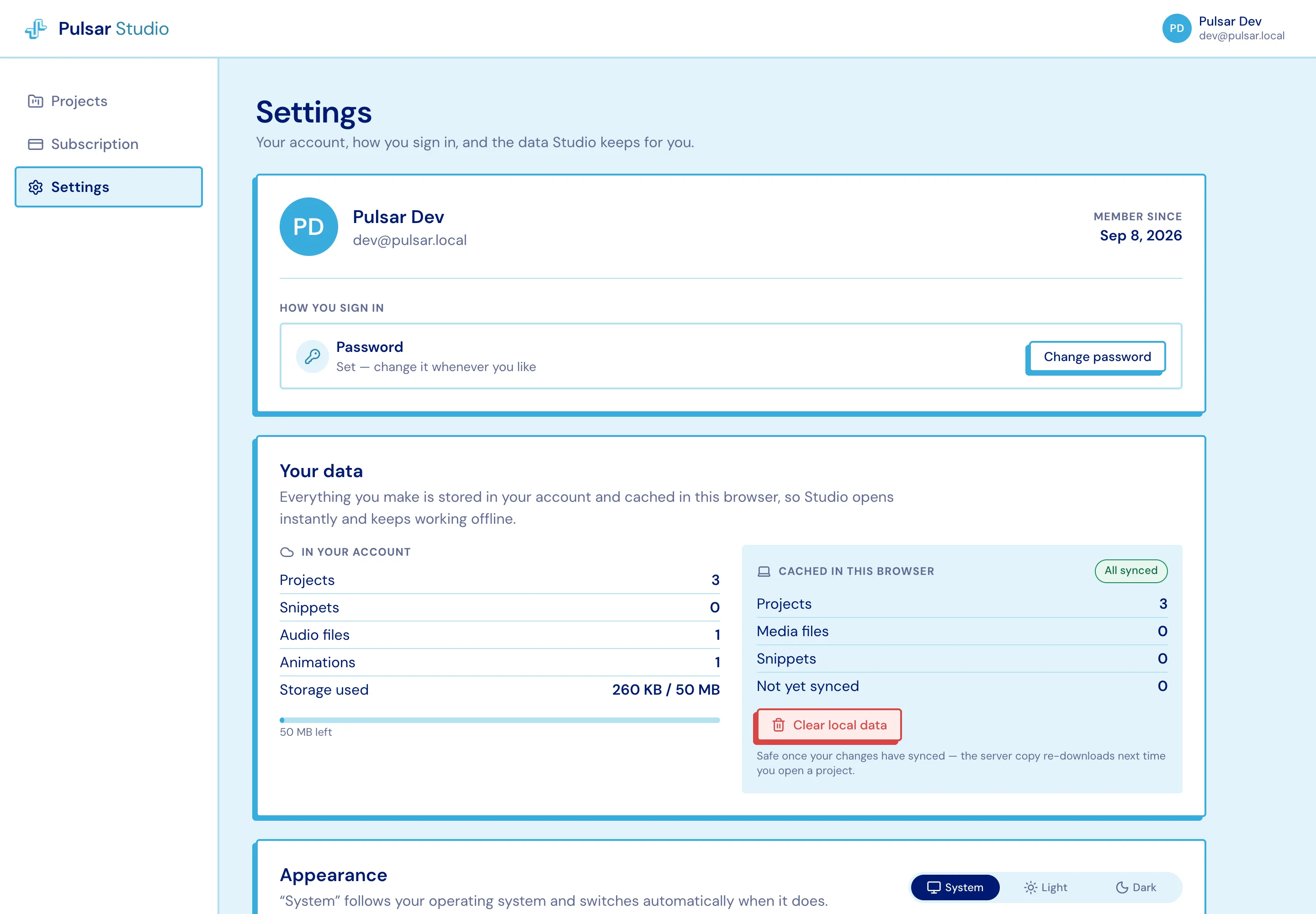 The account Settings page
