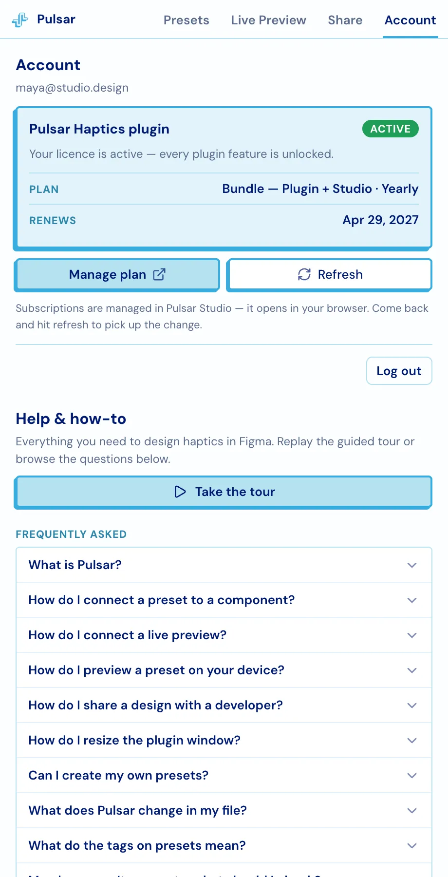 The Account tab showing an active Bundle subscription renewing in April