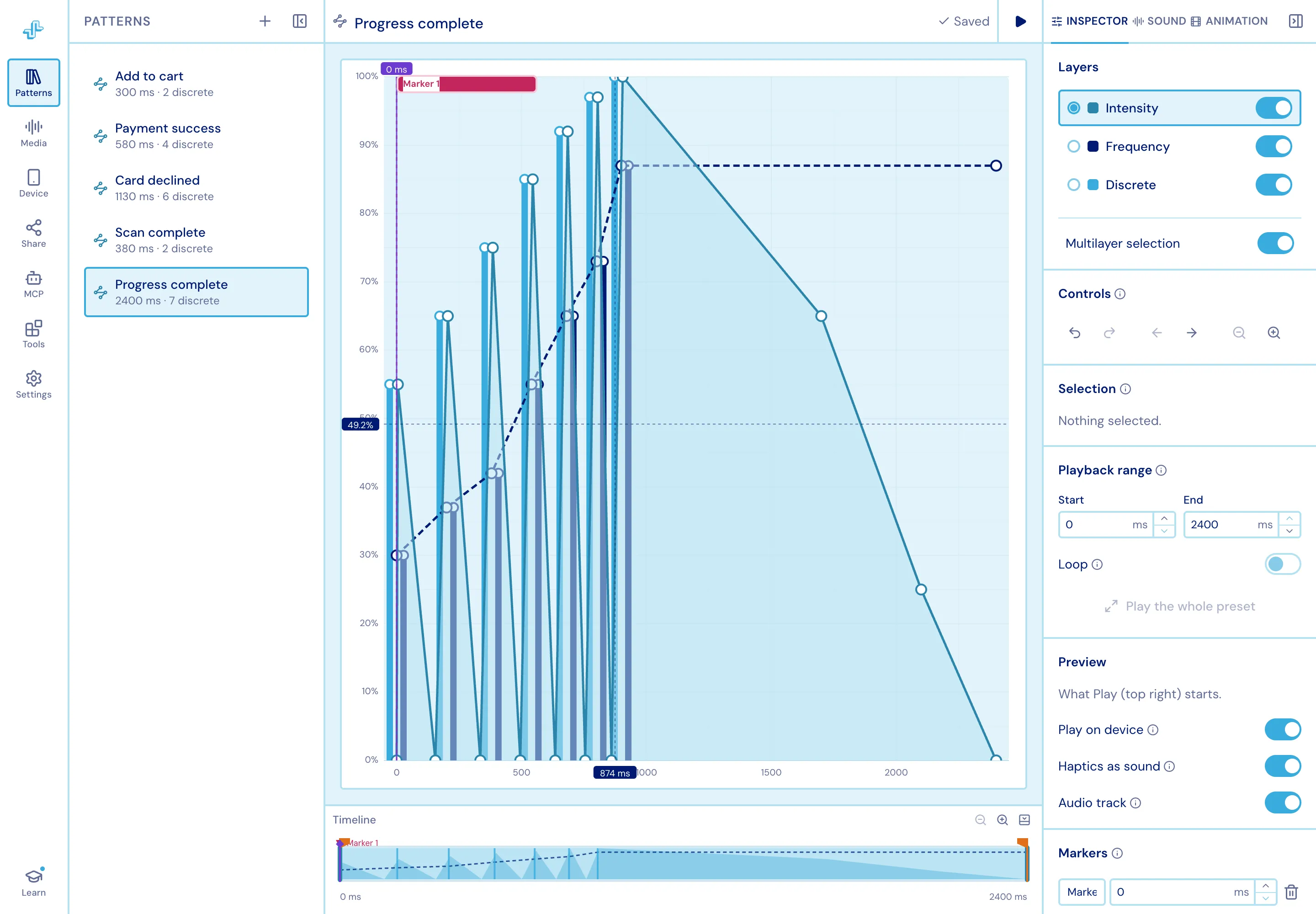 The chart with crosshair rails showing 874 ms and 49.2%, and a marker on the timeline