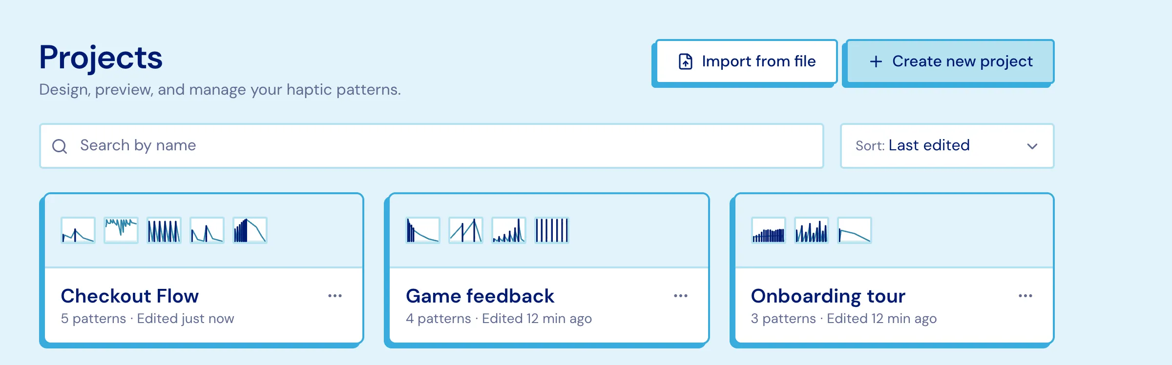 The dashboard listing projects as cards with pattern thumbnails