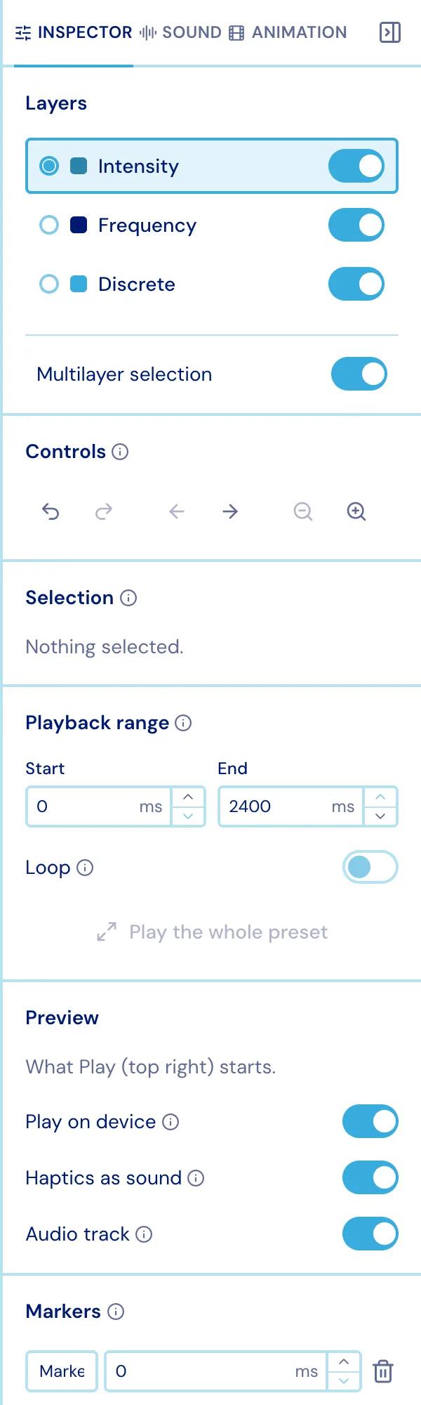 The Inspector tab: layers, controls, selection, playback range and preview switches