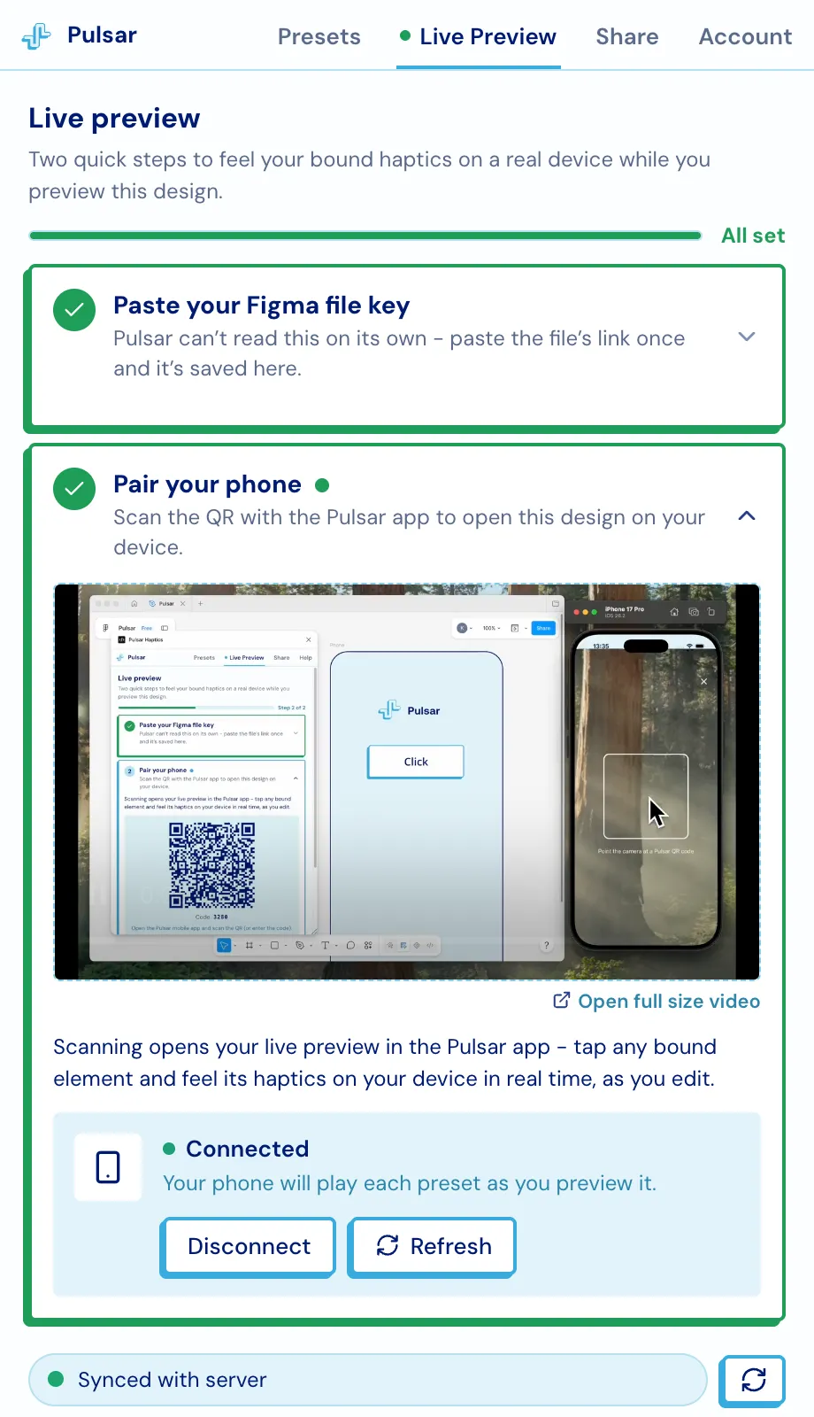 The Live preview tab with both steps complete and the phone connected