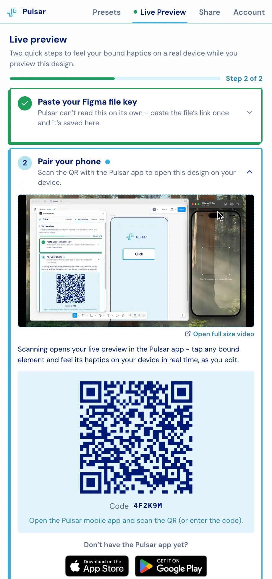The pairing step showing a QR code and a pairing code