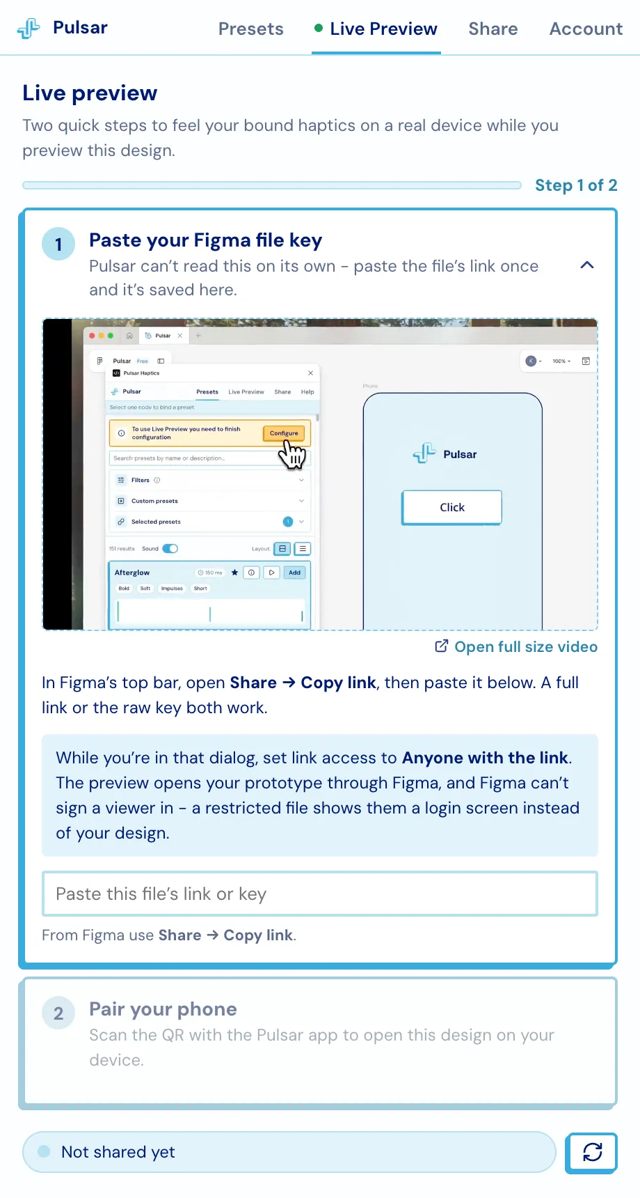 The Live preview tab showing the two-step setup with step one open