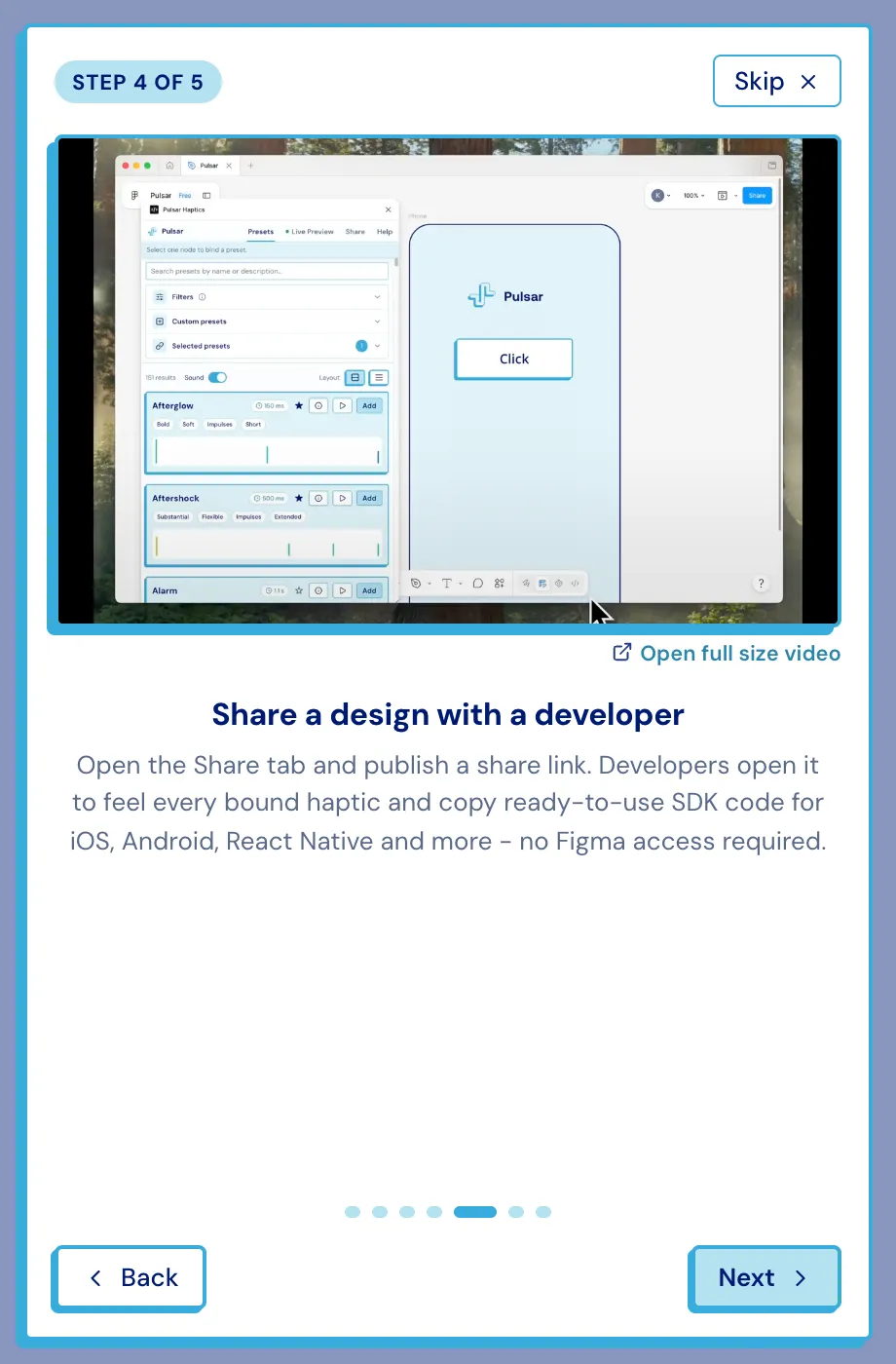 The tour step describing sharing a design with a developer