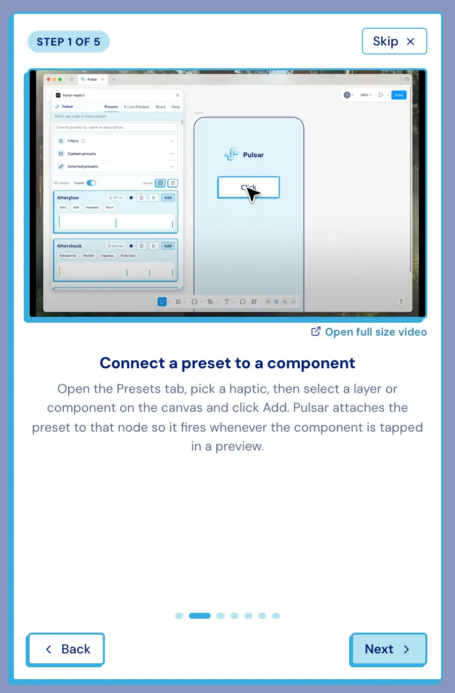 The tour step explaining how to connect a preset to a component