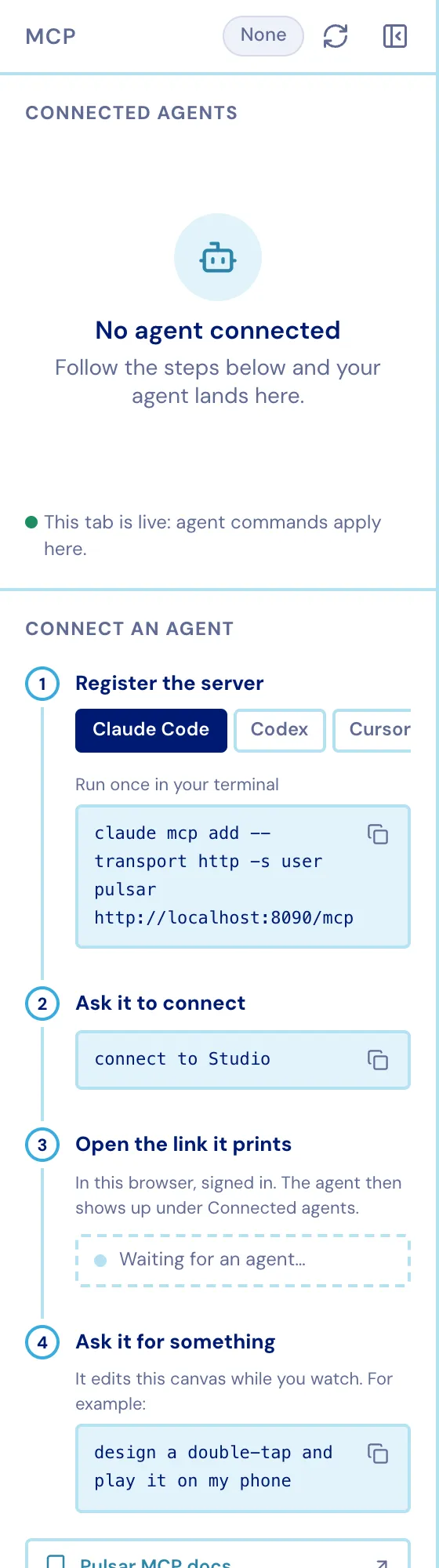 The MCP panel in the Studio editor, with the connection steps and live agent sessions