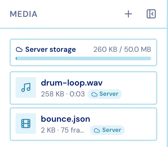 The Media panel listing an uploaded audio file and a Lottie animation