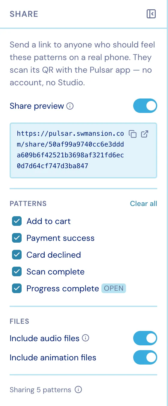 The Share panel with a public link, per-pattern checkboxes and file switches