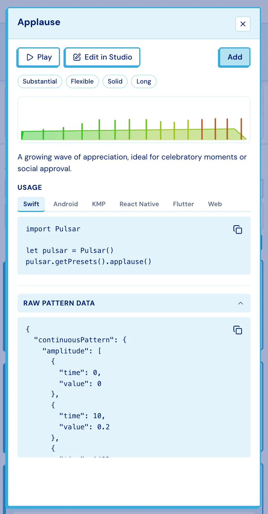 The preset detail dialog for Applause, showing the Swift snippet and raw JSON