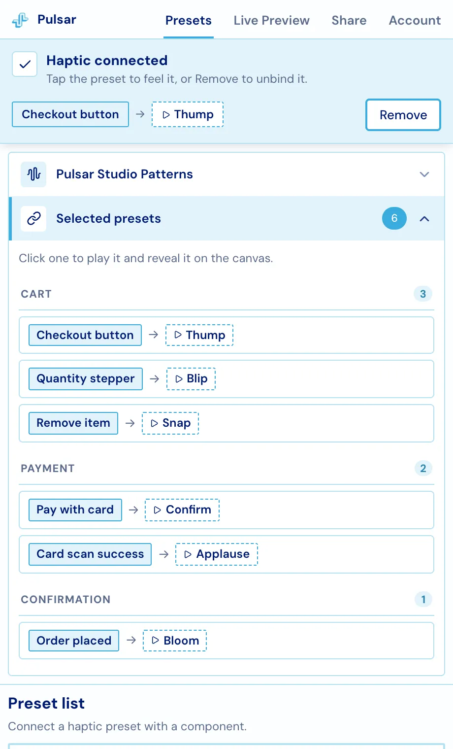 The Selected presets panel grouped by screen, with six bindings across three frames