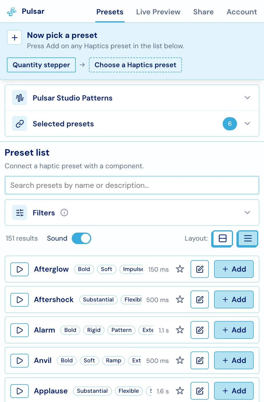 The preset list in compact row layout