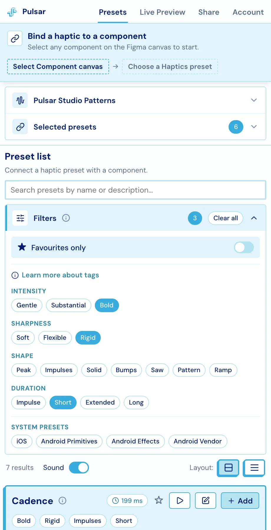 The filters panel with Bold, Rigid and Short selected