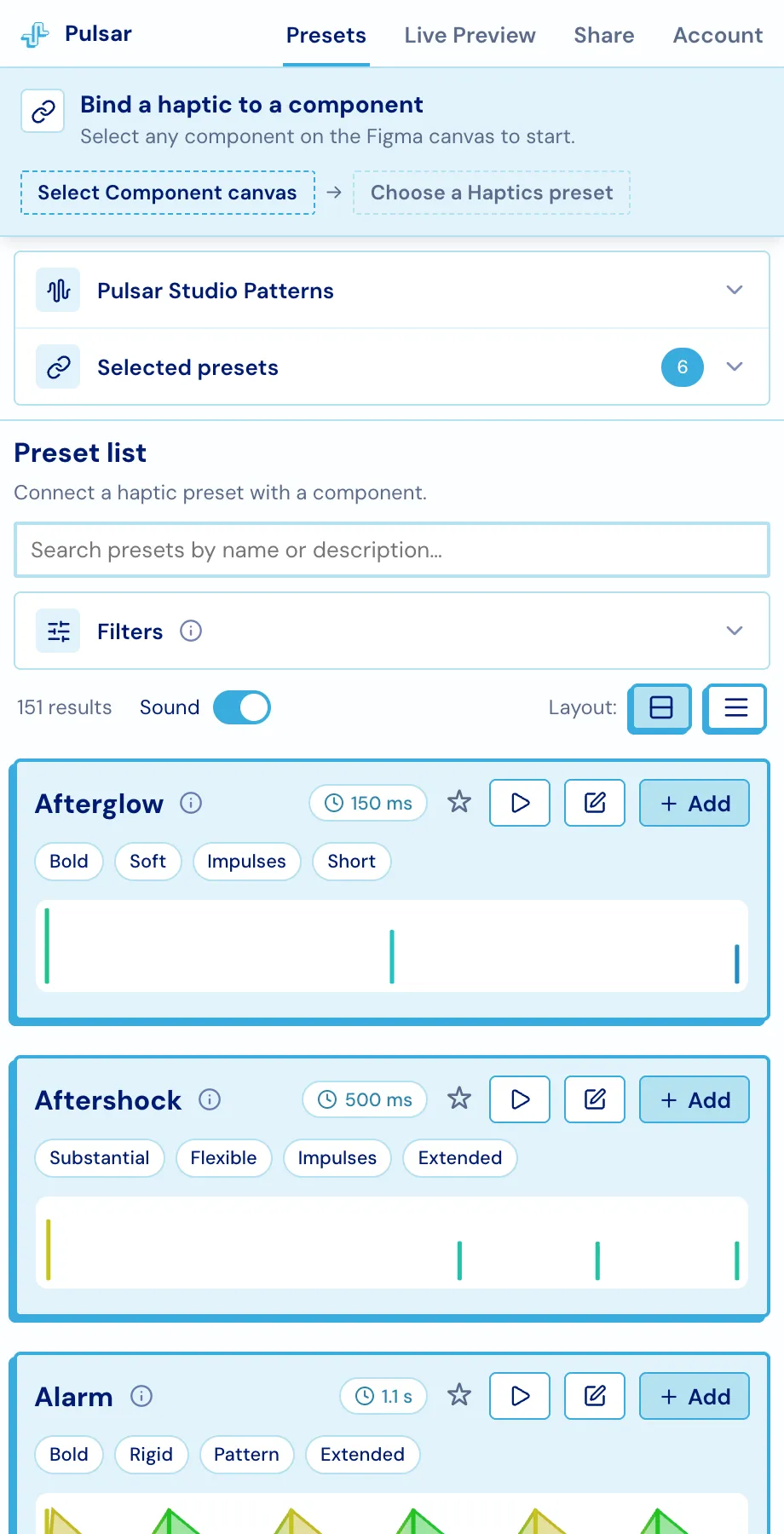 The preset list with full cards showing waveform previews