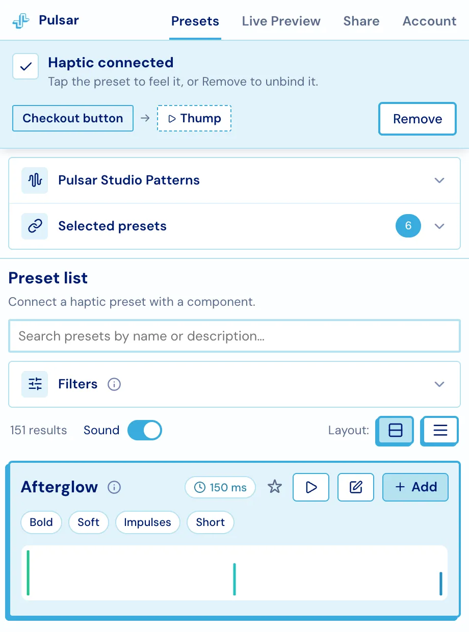 The selection bar showing Checkout button bound to the Thump preset