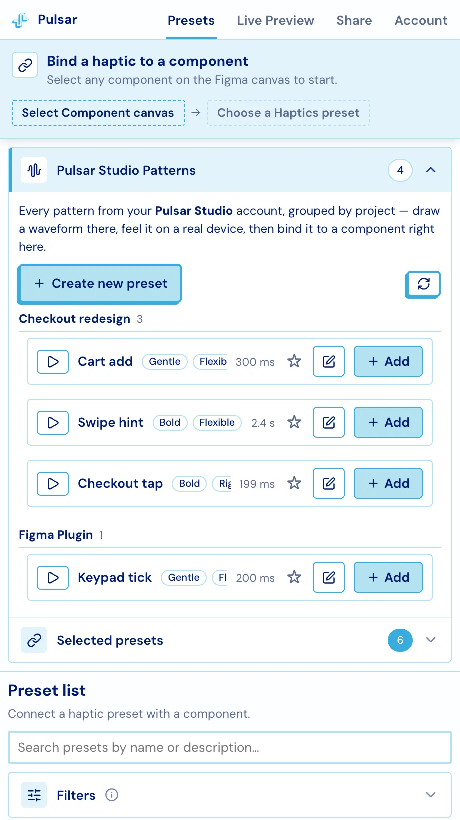 The Pulsar Studio Patterns panel listing patterns from two projects