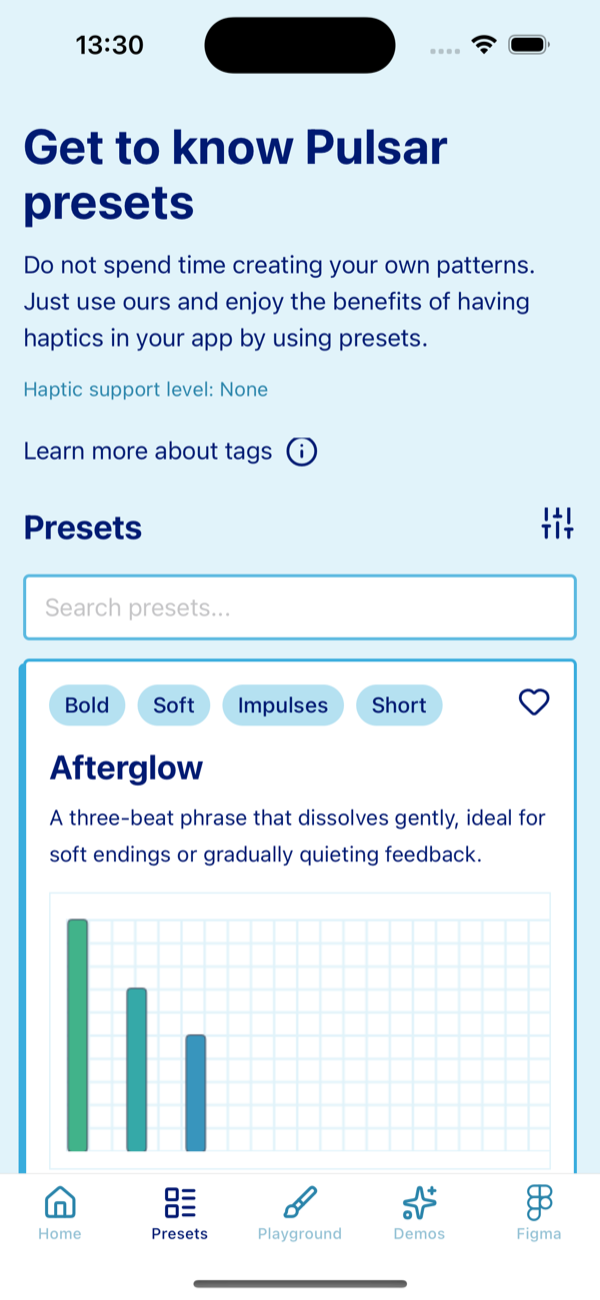 Pulsar app presets library screen
