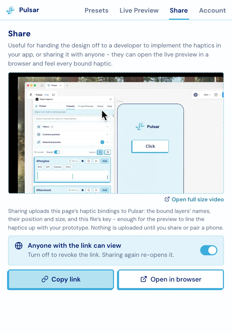 The Share tab with the visibility toggle on and Copy link / Open in browser