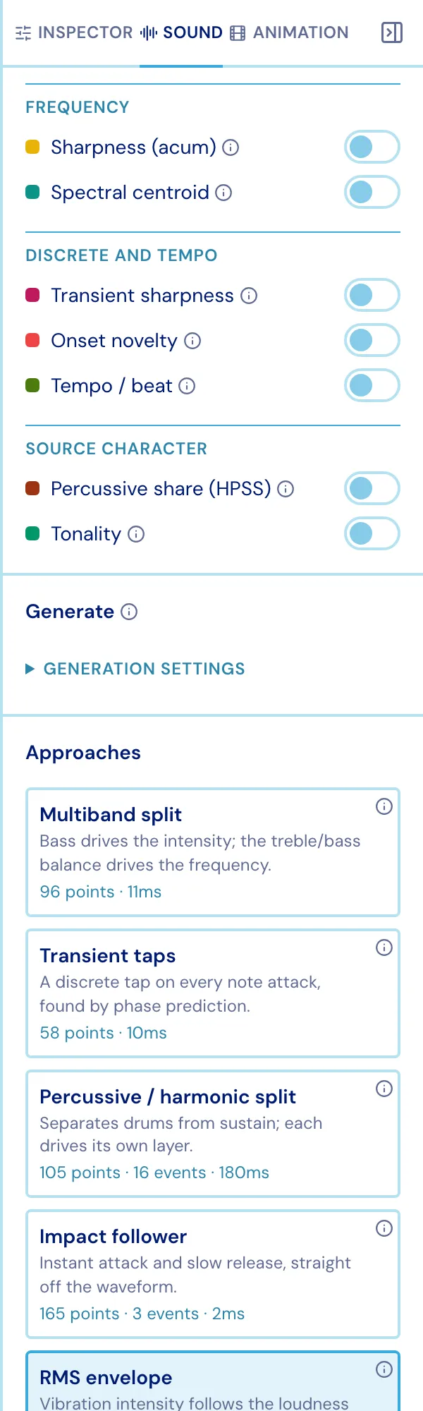 The Sound tab: signal analysis switches above, the nine generated approaches below