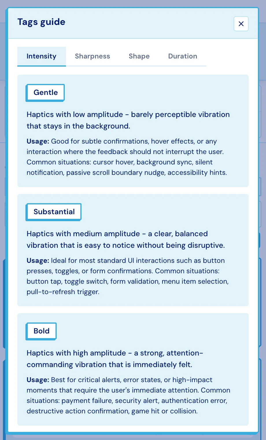 The tags guide explaining the Intensity group