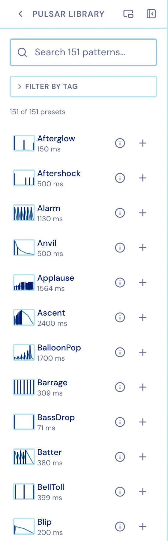 The Pulsar Library tool with search, tag filter and a scrolling preset list
