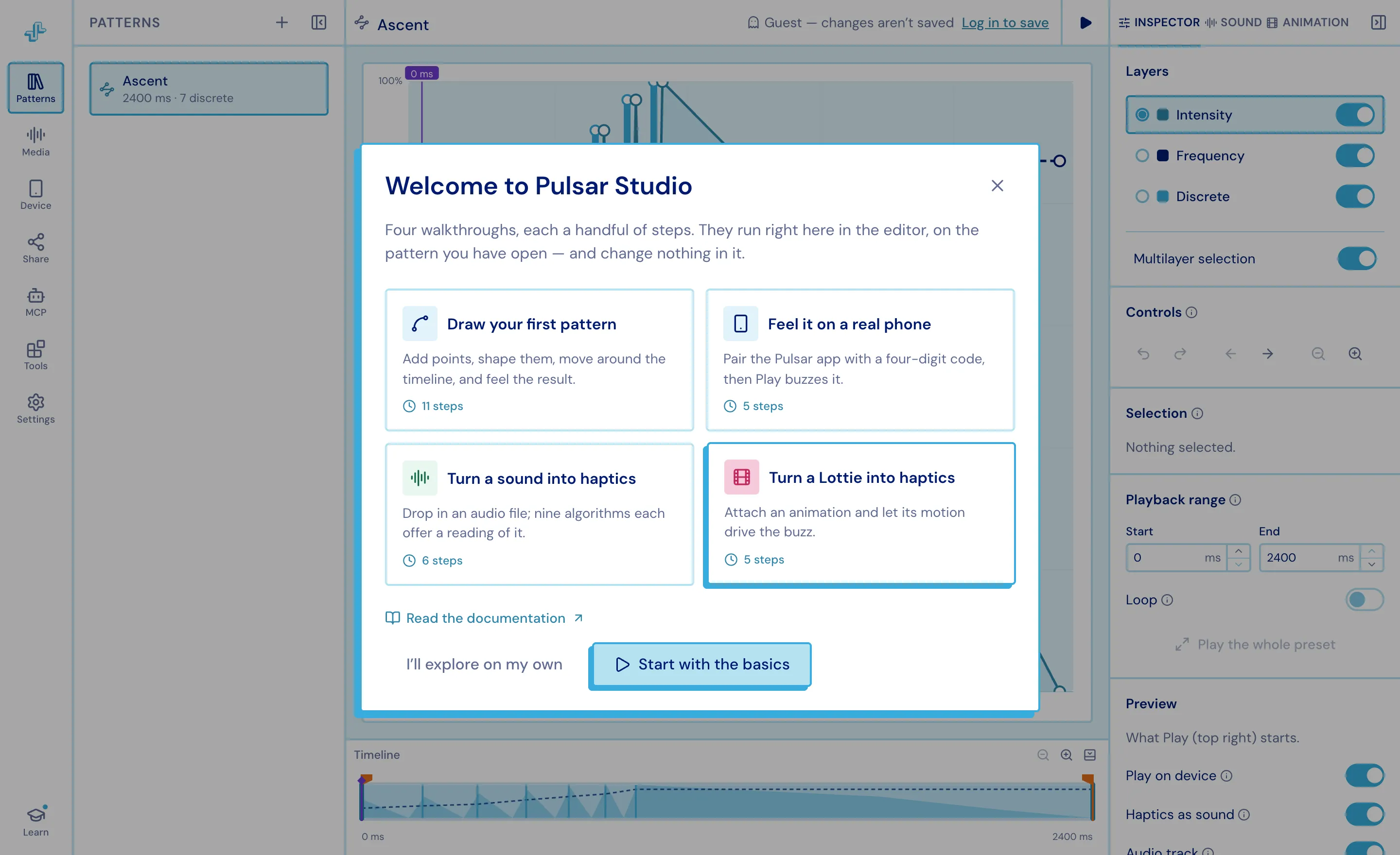 The welcome dialog offering four walkthroughs
